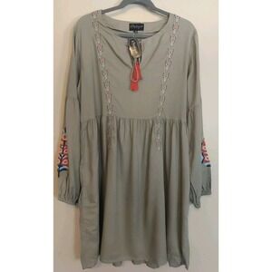 b‎ Boutique Women Boho Multicolor Embroidered Floral Grey Tunic Dress Size XL